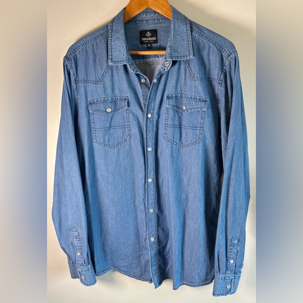 Threadbare Men’s Denim Western Shirt Size XL 100% Cotton Snap Button Polka Dots